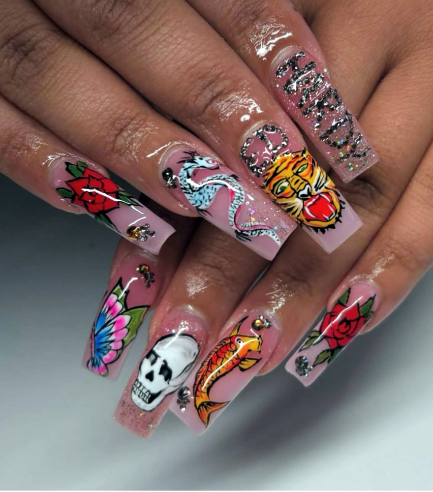 Long pink acrylic full set with hand-painted roses, a dragon, a tiger, koi and a skull by Mya