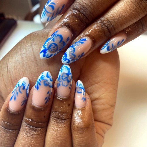 Detailed blue nail art by Mya